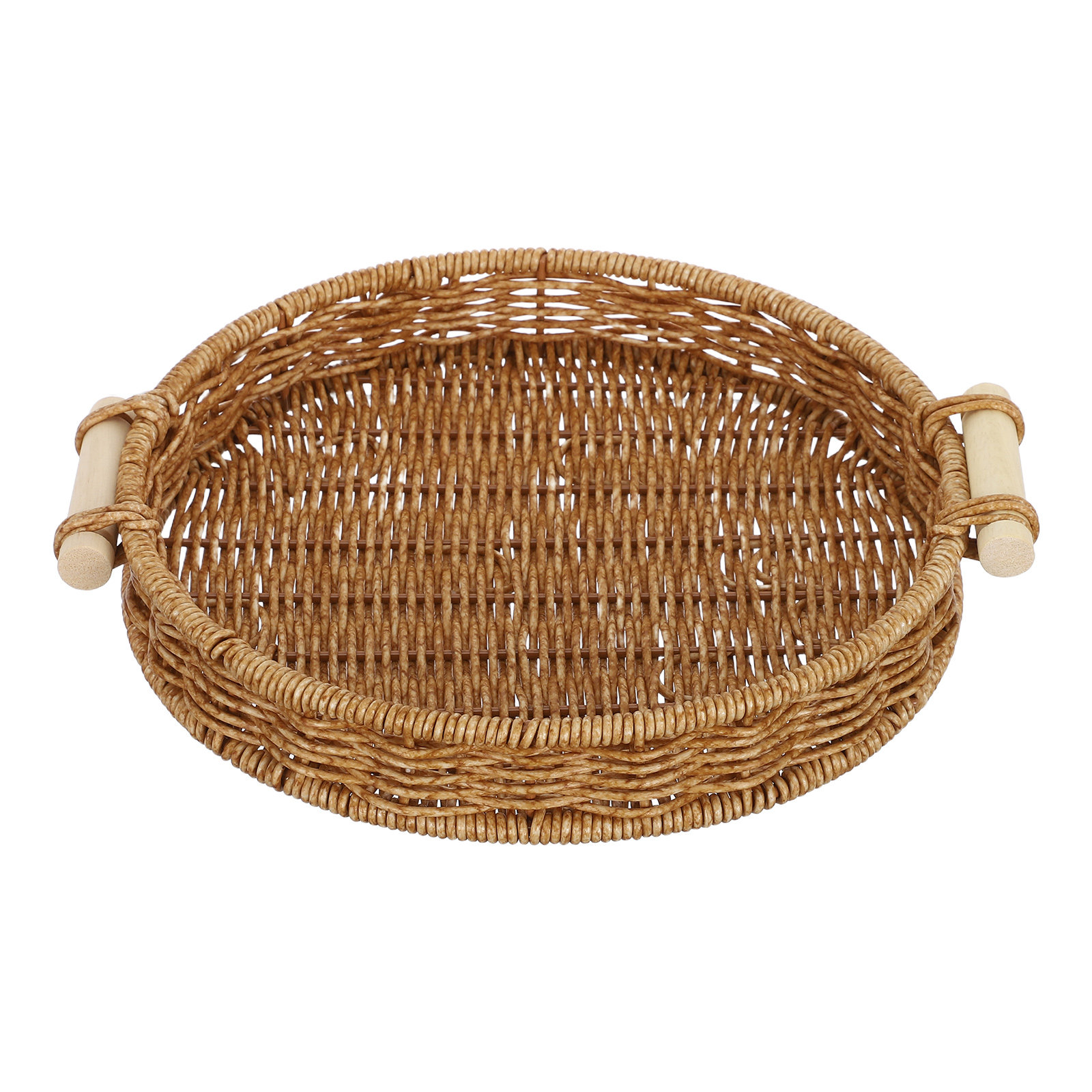 Food Snacks Basket - 模造ラタン製パンバスケット 27cm 丸型編み込みスナックサービングトレイ ハンドル付き ホーム朝食ドリンクフードトレイ コーヒーテーブル収納