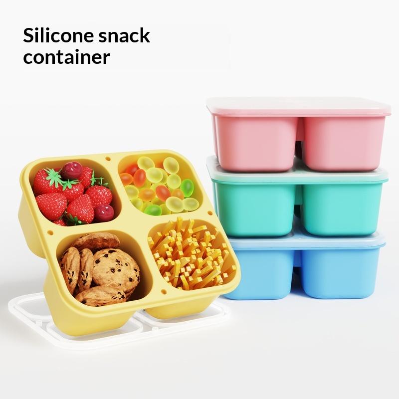 Food Snacks For School - シリコン製スナックボックス：食品グレード4仕切り密閉蓋付き子供用学校ピクニックオフィス収納