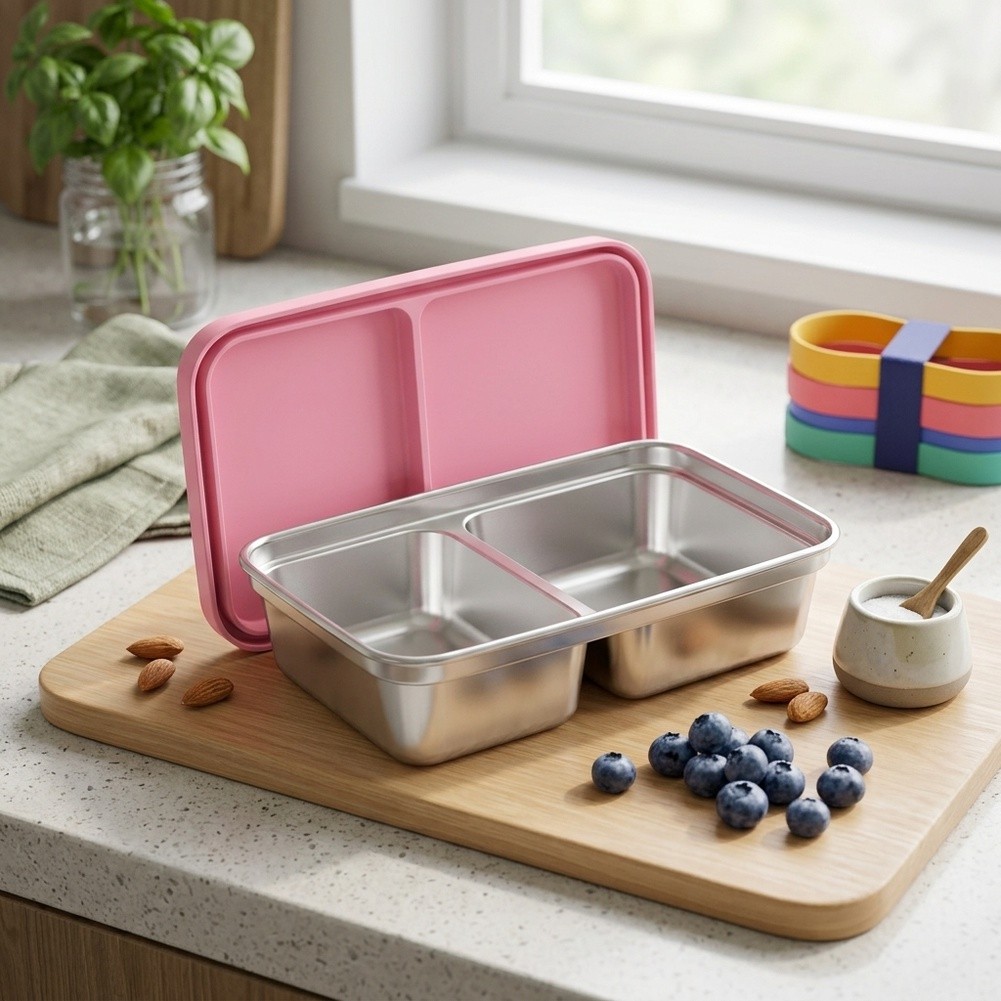 Food Snacks For School - ステンレス製幼児用ランチボックス、2つのコンパートメント付きスナック容器、積み重ね可能な金属製食品保存容器、学校給食や軽食に最適