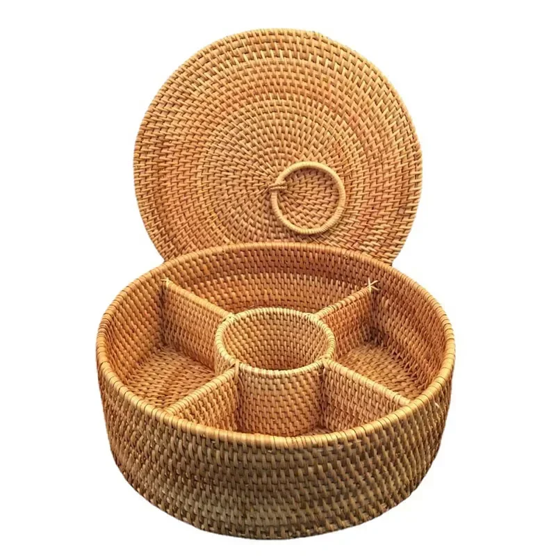 天然ラタンボックス 5グリッド 手編みバスケット キャンディ - Food Snacks Basket のレビューと価格
