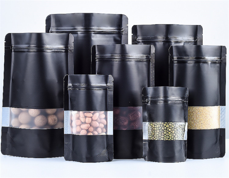 100枚入り スタンドアップ マットブラック アルミ箔 窓付 - Food Snacks For School のレビューと価格