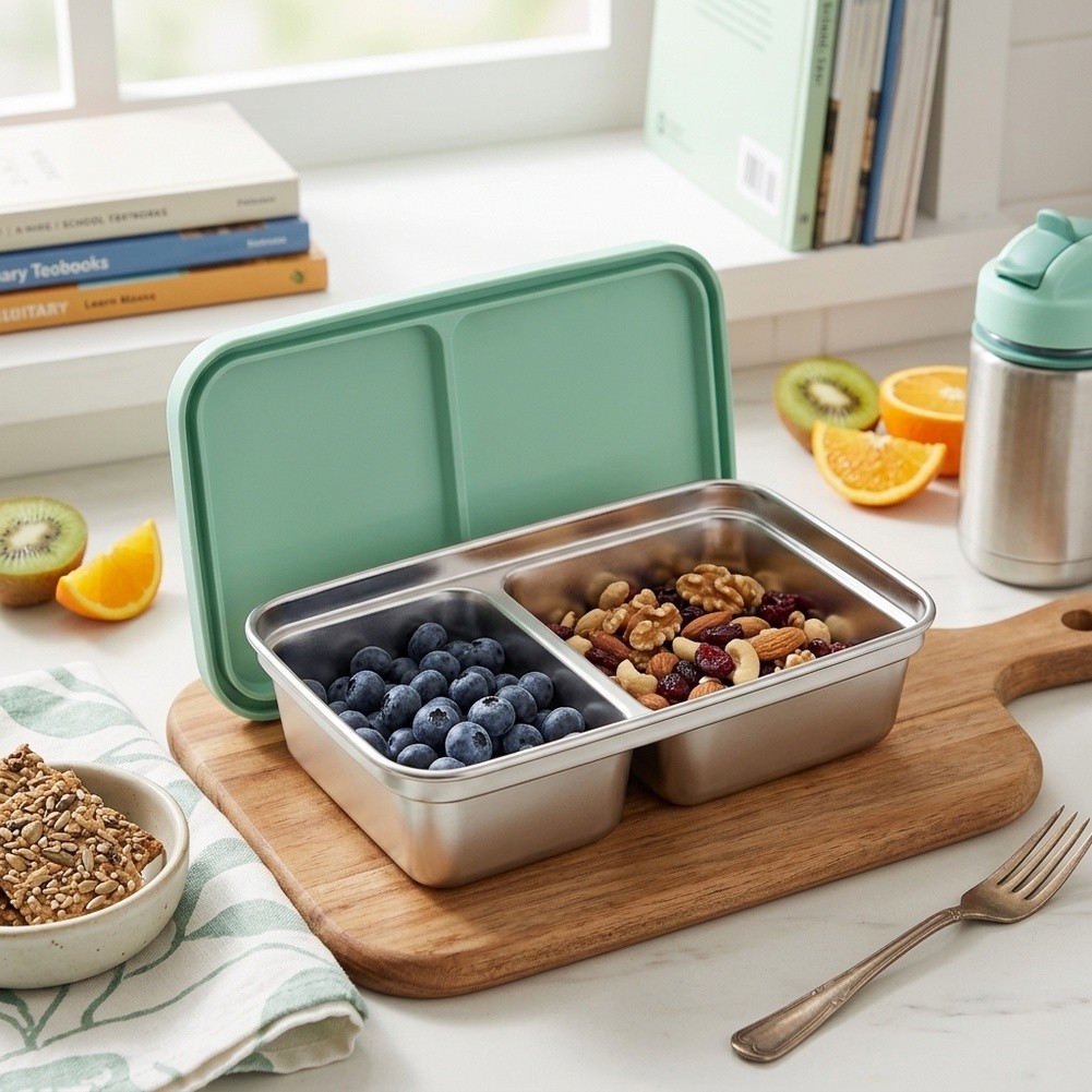 ステンレス製幼児用ランチボックス、2つのコンパートメント付き - Food Snacks For School のレビューと価格