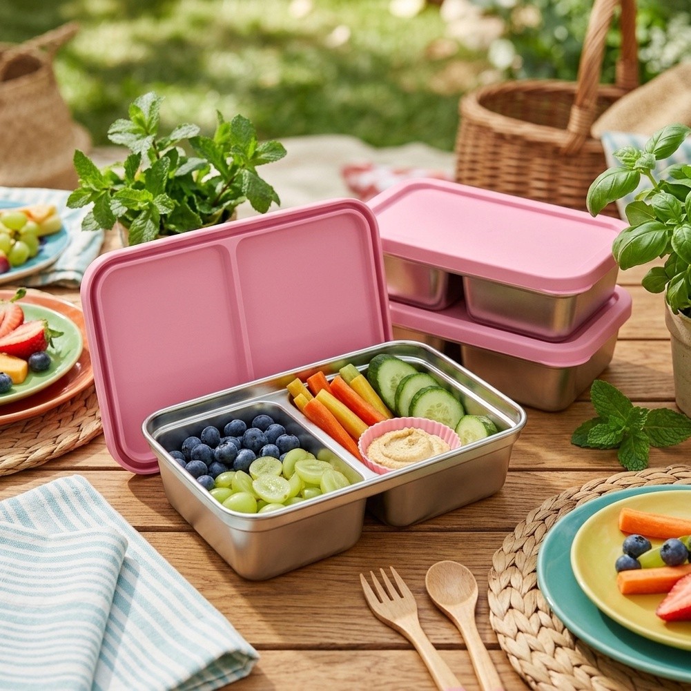 ステンレス製幼児用ランチボックス、2つのコンパートメント付き - Food Snacks For School のレビューと価格